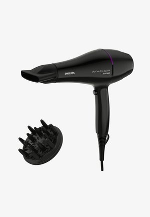 Schwarzer Philips DryCare Pro 2200W Haartrockner mit elegantem Design, einer konischen Düse und einem Diffusoraufsatz zum Styling.