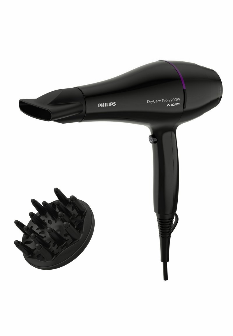 Asciugacapelli Philips DryCare Pro 2200W di colore nero con un design elegante, un beccuccio affusolato e un diffusore per lo styling.