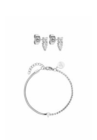 Silbernes Schmuckset mit mit Kristallen besetzten Ohrsteckern und einem Armband mit gedrehter Gestaltung, das abwechselnd glatte und perlenbesetzte Abschnitte aufweist.