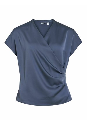 Krátky rukáv námornícky modrá zavinovacia blúzka s výstrihom do V a jemným bočným žabkovaním, vyrobená z hladkej, ľahkej látky.
