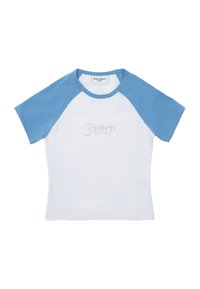 T-shirt a maniche corte con corpo bianco e maniche raglan blu. Presenta il testo "Juicy" in strass sulla parte anteriore. Materiale in cotone.