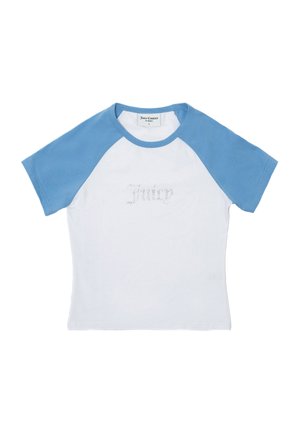 T-shirt a maniche corte con corpo bianco e maniche raglan blu. Presenta il testo "Juicy" in strass sulla parte anteriore. Materiale in cotone.