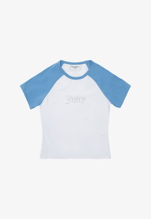 T-shirt a maniche corte con corpo bianco e maniche raglan blu. Presenta il testo "Juicy" in strass sulla parte anteriore. Materiale in cotone.