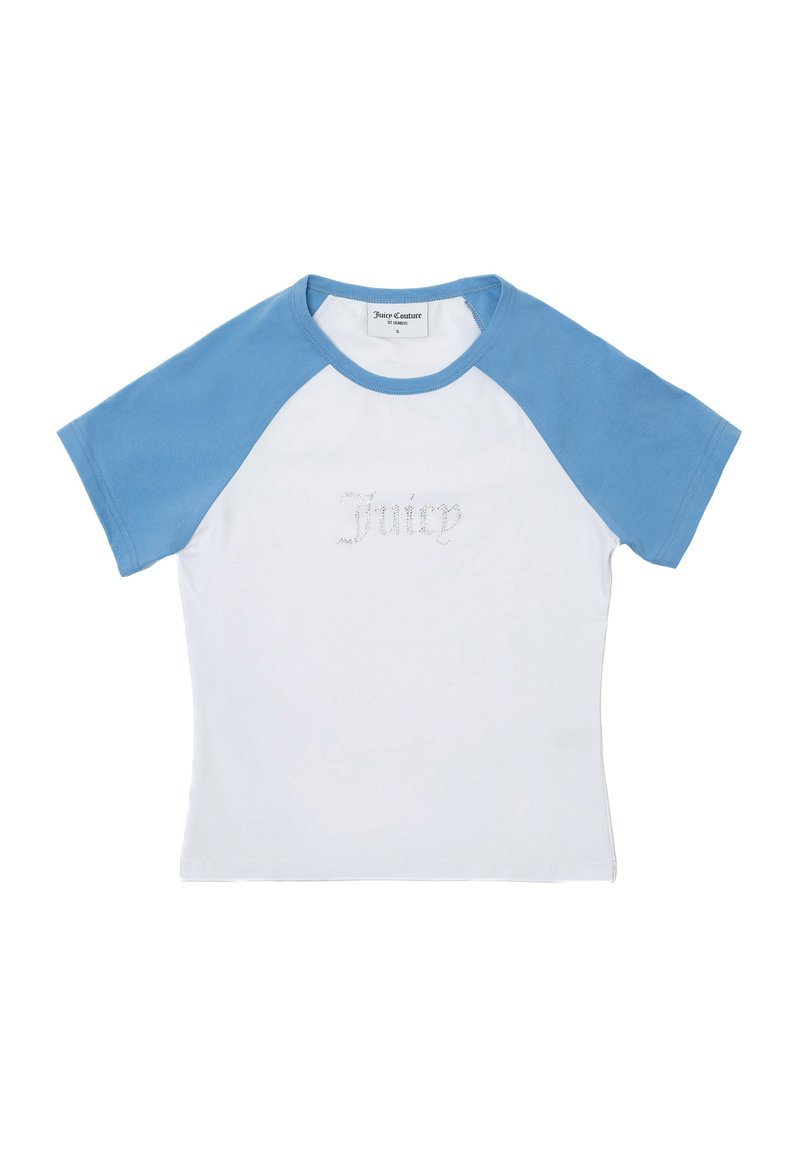 T-shirt a maniche corte con corpo bianco e maniche raglan blu. Presenta il testo "Juicy" in strass sulla parte anteriore. Materiale in cotone.