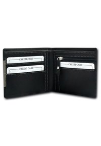 Black leather wallet with multiple card slots, a zippered pocket, and white stitching. Compact design for easy portability.