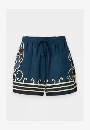 Marineblauwe korte broek met beige decoratieve krullen en strepen, elastische tailleband en vooraan een trekkoord.