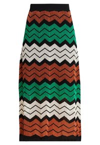 Stickad midi kjol med chevronmönster i rost, grön, vit och svarta ränder, med svart midjeband och fåll.