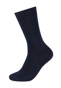 Marineblå sok lavet af et glat materiale, med en klassisk ribbet mansjet og en sømløs tådesign for komfort.