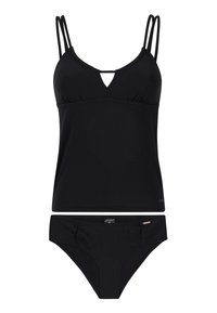 Zwart bikini set met een getextureerde tankini-top met verstelbare bandjes en een keyhole-detail, gecombineerd met bijpassende bikini bottoms.