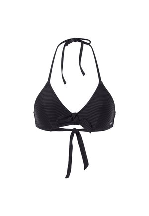 Melnā bikini augšdaļa ar trīsstūra dizainu, teksturētu audumu ar vertikālām svītrām un regulējamām saitēm kaklā un aizmugurē.
