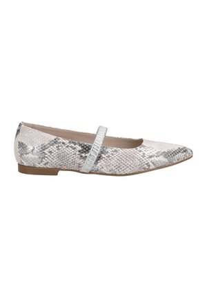 Pointed-toe flats in a metallic silver and black snake print, featuring a textured strap across the vamp and a low brown sole.