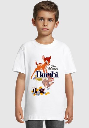 Biela bavlnená tričko s farebným kresleným dizajnom Bambiho a jeho priateľov, s textom "Walt Disneyho Bambi" v tučnom modrom písmene.