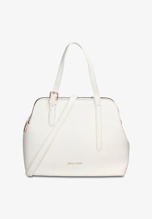 Sac à main en cuir blanc avec doubles poignées, sangle réglable à boucle, fermeture éclair et logo « pierre cardin » en lettres dorées.
