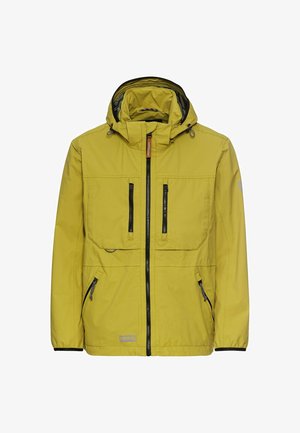 Geel waterdichte jas met een capuchon, voorzien van zwarte ritszakken, verstelbare toggles en een gestructureerde stof. Duurzaam ontwerp voor buitenactiviteiten.