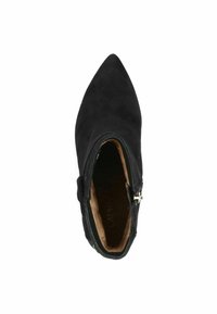 Černé semišové kotníkové boty s špičatou špičkou, bočním zipem a měkkou podšívkou. Hladký povrch a uhlazený design.