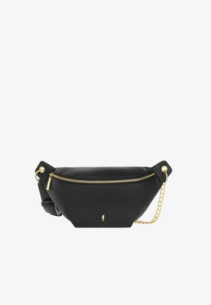 Czarna skórzana saszetka na biodra o zwężającym się kształcie, ze złotym zamkiem błyskawicznym i akcentem w postaci łańcuszka. Posiada jedną kieszeń i regulowany pasek.