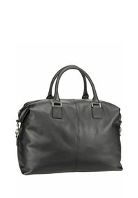 Black leather handbag with two top handles, silver hardware, and a zipper closure on a white background.