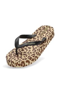 Chanclas de estampado de leopardo con una suela gruesa de color beige, tiras de goma negra y una plantilla texturizada. Nombre de la marca "Havanas" impreso en la tira.