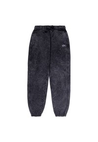 Schwarze, gewaschene Jeans-Jogginghosen mit elastischem Bund, Kordelzug, Seitentaschen und schmal zulaufenden Beinen. Mit kleinem Logo auf dem Oberschenkel.
