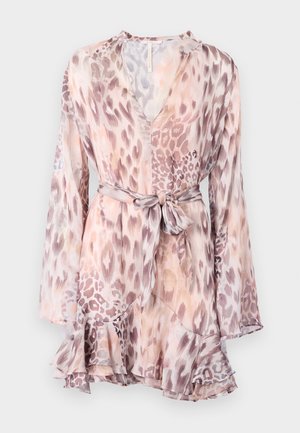 Sheer, lightweight dress in soft pink and beige with a leopard print, v-neck, long sleeves, and a tie waist, featuring a ruffled hem.
