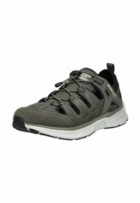 Herren-Laufschuh mit grauem Netzobermaterial, Wildleder-Zehenkappe, elastischen Schnürsenkeln, reflektierenden Details und einer weißen Gummisohle mit strukturiertem Profil.