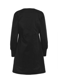 Fekete, hosszú ujjú ruha puffos vállakkal és szűk mandzsettákkal, térdhez érő hosszúságban, hátulról bemutatva fehér háttér előtt.