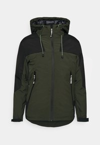 Grön och svart zip hoodie-jacka med dragsko, två framfickor med dragkedja och ett mjukt, vattenavvisande material.