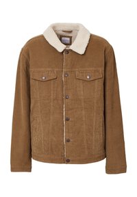 Bruine corduroy jas met een crème namaakbontkraag. Voorzien van twee borstzakken en een knoopsluiting aan de voorkant. Doorlopend geribbelde textuur.