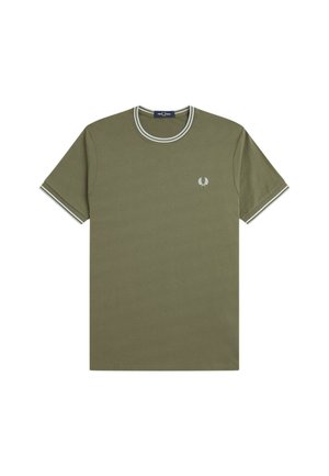 T-shirt manches courtes vert olive avec double bande blanche sur le col et les manches, petit logo blanc de couronne de laurier sur la poitrine.