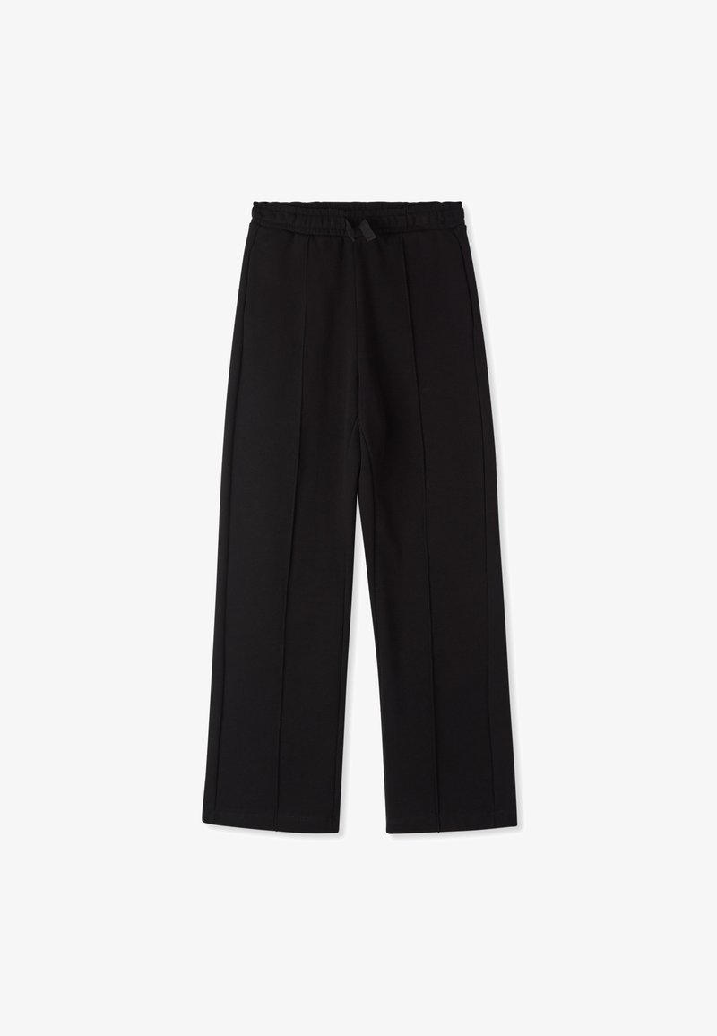 Pantaloni neri a gamba larga realizzati in tessuto morbido ed elastico. Presentano una vita elasticizzata e pieghe frontali, con una texture liscia e senza elementi hardware visibili.