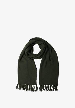 Sciarpa lavorata a maglia verde con bordi frangiati e una consistenza morbida. Presenta una forma ampia e rettangolare. Etichetta con il marchio visibile a un'estremità.