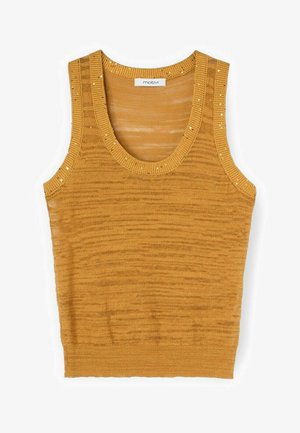 Bezrękawnik w kolorze musztardowym, dziany, z okrągłym dekoltem i subtelnym detalem z cekinów na ramiączkach.