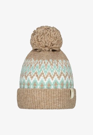 Knitted wool beanie in tan, featuring a fluffy pom-pom, with a geometric pattern in soft mint and cream. Folded ribbed cuff at the base.