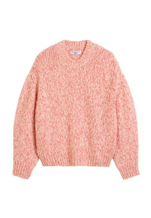 Textured gebreide trui in lichtroze en crèmekleuren; heeft een ronde hals en ribgebreide manchetten en zoom. Casual, oversized silhouet.