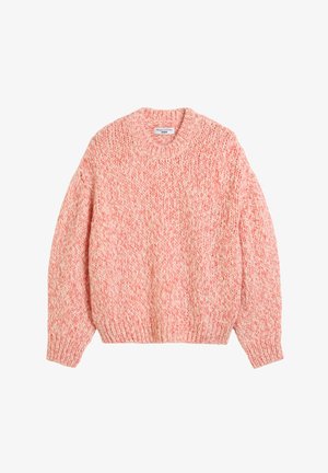 Strickpullover mit Struktur in hellrosa und cremefarbenen Tönen; verfügt über einen runden Halsausschnitt sowie gerippte Bündchen und Saum. Lässige, oversized Silhouette.
