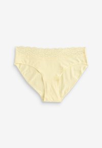 Šviesiai geltoni apatiniai su nėrinių juosmeniu, pagaminti iš minkštos medžiagos, pasižymi lygiu paviršiumi ir klasikiniu trumpikių kirpimu.