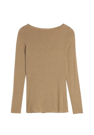 Langarmoberteil in Hellbraun mit rundem Halsausschnitt und einer weichen, glatten Textur sowie einem geraden Saum. Minimalistisches Design.