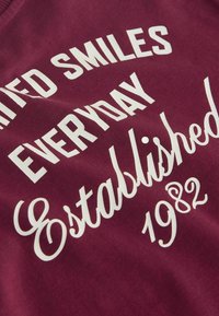 Bordo pulover s kapuco z belim napisom "SMILES EVERYDAY Established 1982." Mehka tkanina, okrogel izrez, krepka pisava in rahlo teksturirana površina.