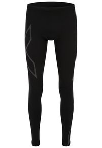 Sorte leggings lavet af strækstof, med en tætsiddende pasform, elastisk talje og asymmetriske grå mønstre på siderne.