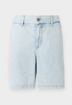 Svetlo modri denim kratke hlače z zapenjanjem na gumb in zadrgo, z zankami za pas ter ravnim robom.