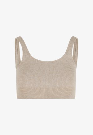 Bralet bej cu dungi, dotat cu bretele late și decolteu rotund. Textura este moale, având un model subtil pe întreaga suprafață.