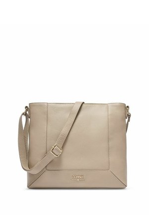 Beżowa skórzana torba na ramię z regulowanym paskiem i złotym logo Ochnik na środku przodu.