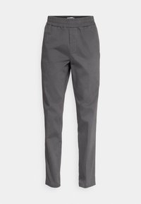 Grijze broek van lichtgewicht stof, voorzien van een elastische tailleband, rechte pijpen en zijzakken. Gladde textuur met een klassiek ontwerp.