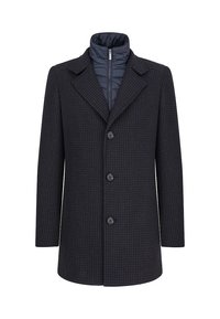 Męski ciemny płaszcz w kratę z trzema guzikami, z wewnętrzną granatową pikowaną warstwą z zamkiem błyskawicznym.