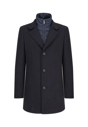 Męski ciemny płaszcz w kratę z trzema guzikami, z wewnętrzną granatową pikowaną warstwą z zamkiem błyskawicznym.