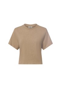 Korte beige t-shirt met een ronde halslijn en korte mouwen. Gemaakt van een zachte, gestructureerde stof met een casual, ontspannen pasvorm.