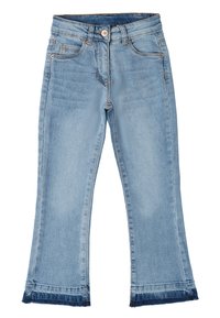Jeans in denim azzurro chiaro con forma svasata, cinque tasche e orlo grezzo. Presentano una chiusura anteriore con bottone e zip, texture morbida.
