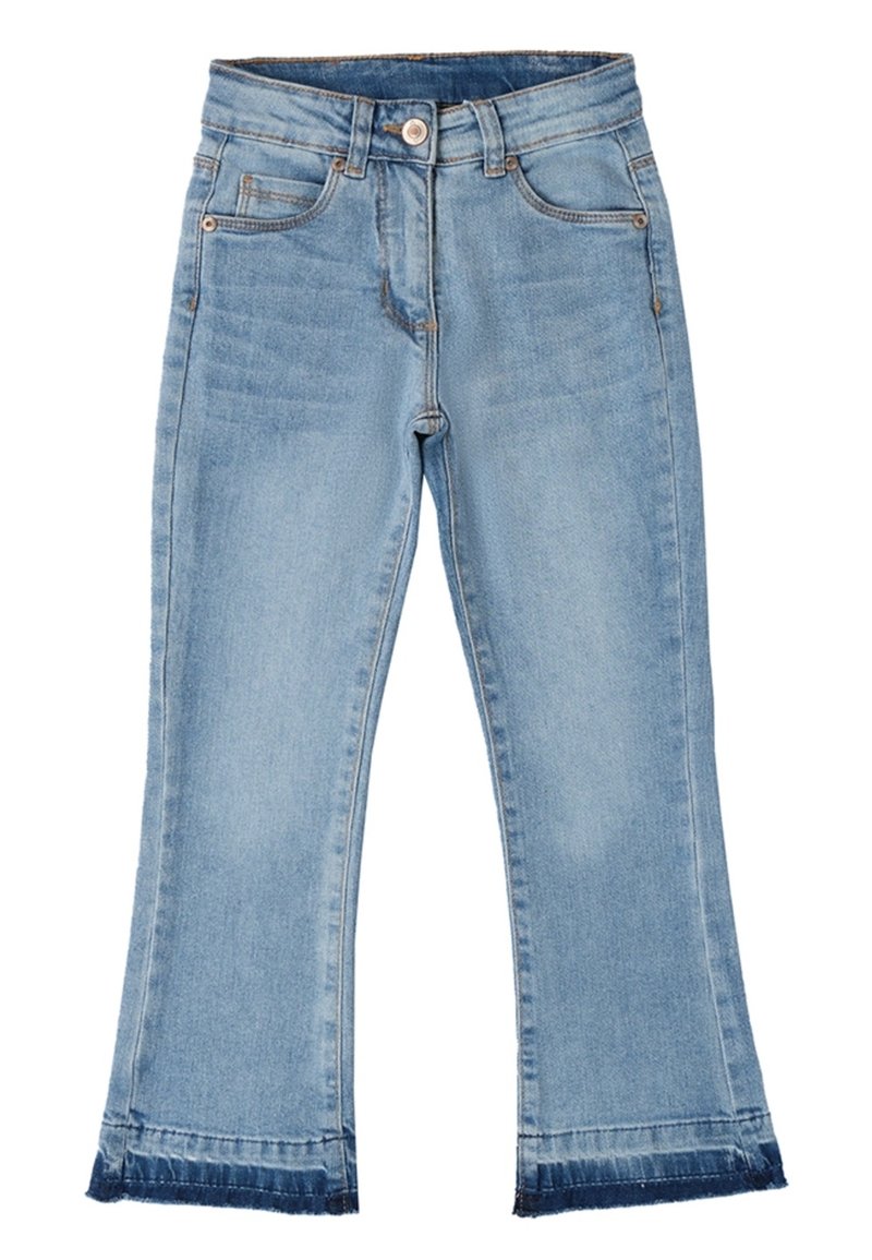 Jeans in denim azzurro chiaro con forma svasata, cinque tasche e orlo grezzo. Presentano una chiusura anteriore con bottone e zip, texture morbida.