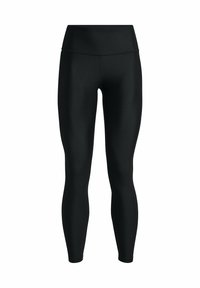 Czarne legginsy z gładkiego, elastycznego materiału, z wysokim stanem, w pełnej długości, bez widocznych wzorów czy elementów metalowych.