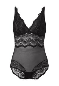 Zwarte kanten bodysuit met doorschijnende meshpanelen, verfijnde kantafwerking, golvende randen en een centrale strikaccent.